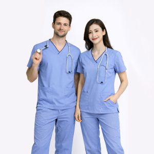HITO SCRUBS CS1 – Light Blue Top with Navy Blue Tipping Collar