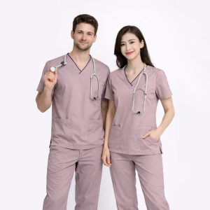 HITO SCRUBS CS1 - Pink Top with Navy Blue Tipping Collar
