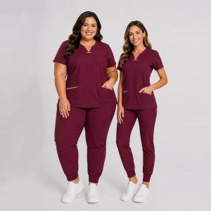 HITO SCRUBS ND2 – Burgundy Top with Pink Trimming