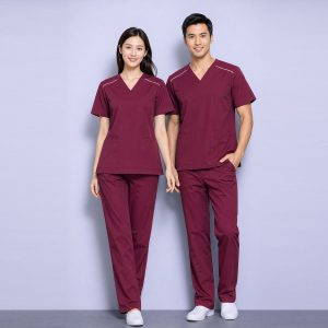 HITO SCRUBS XYM2 – Burgundy Top with White Shoulder Trimming
